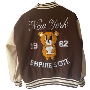 Forever 21 Love NY 1982 Empire State Women Varsity Letterman Brown Jacket BearXS